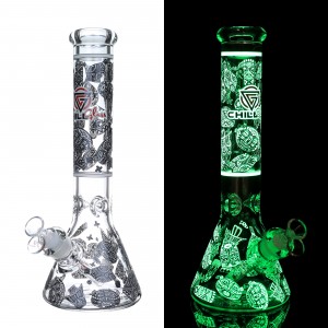 14" Chill Glass Glow In The Dark Faces Beaker Water Pipe - [JLB96]